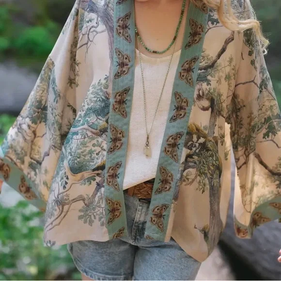 Market of Stars-Earth & Sky Light Beige & Teal Botanical Kimono Jacket - Picture 3 of 3